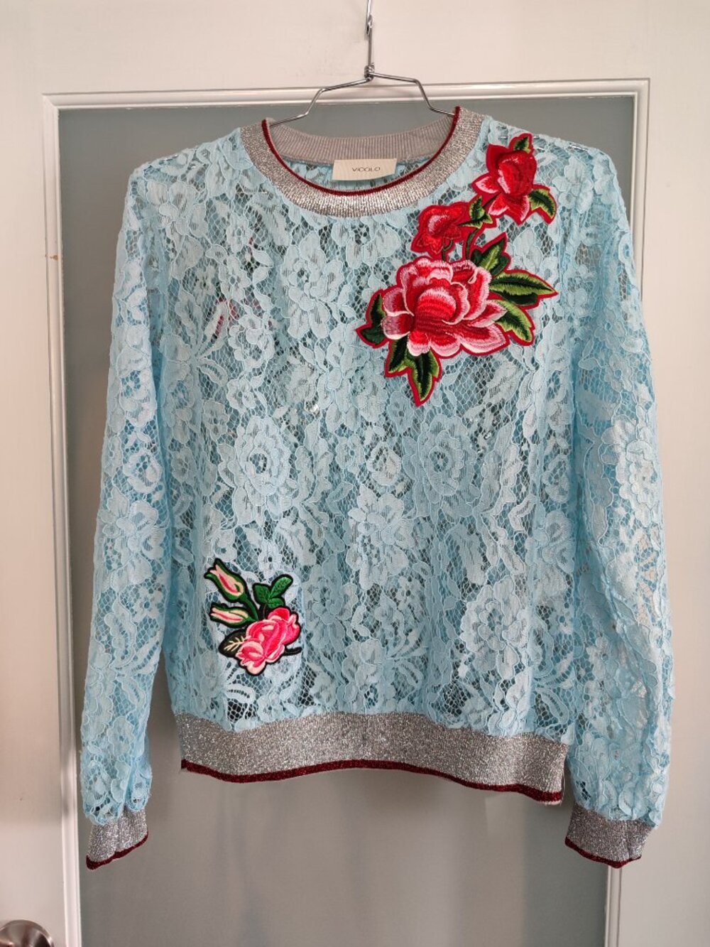 VICOLO Italy Floral Embroidered Blue Lace Sweatshirt Pullover Top - Size S/M